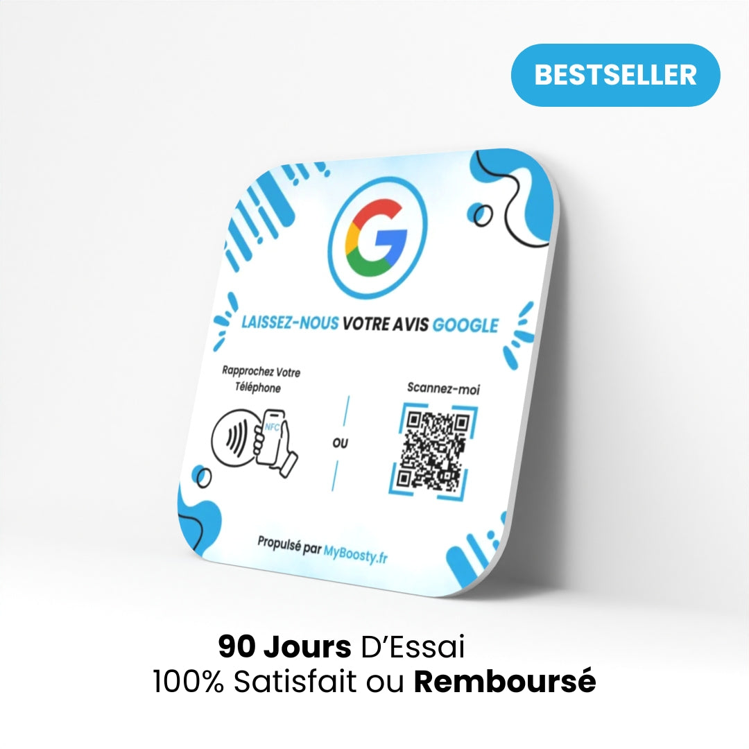 Plaque Boosty pour commerçants, posée sur un comptoir, facilitant la collecte d’avis Google