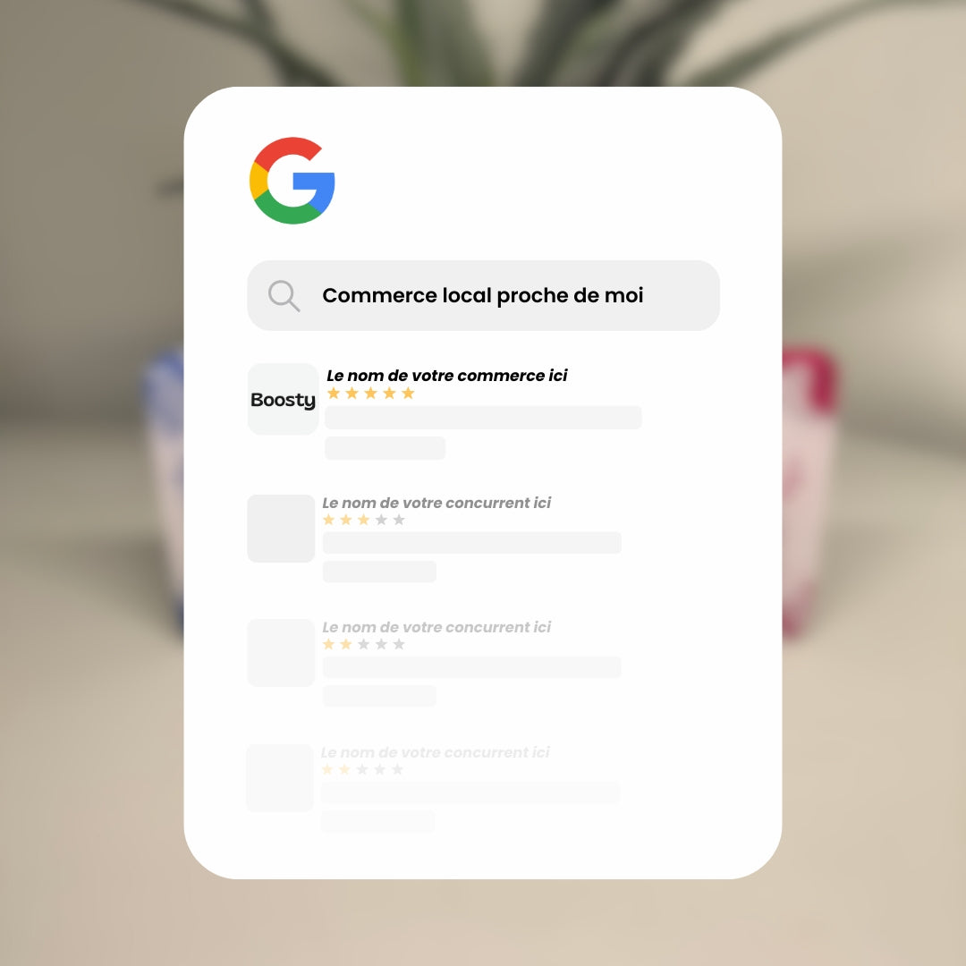 Plaque Boosty pour commerçants, posée sur un comptoir, facilitant la collecte d’avis Google