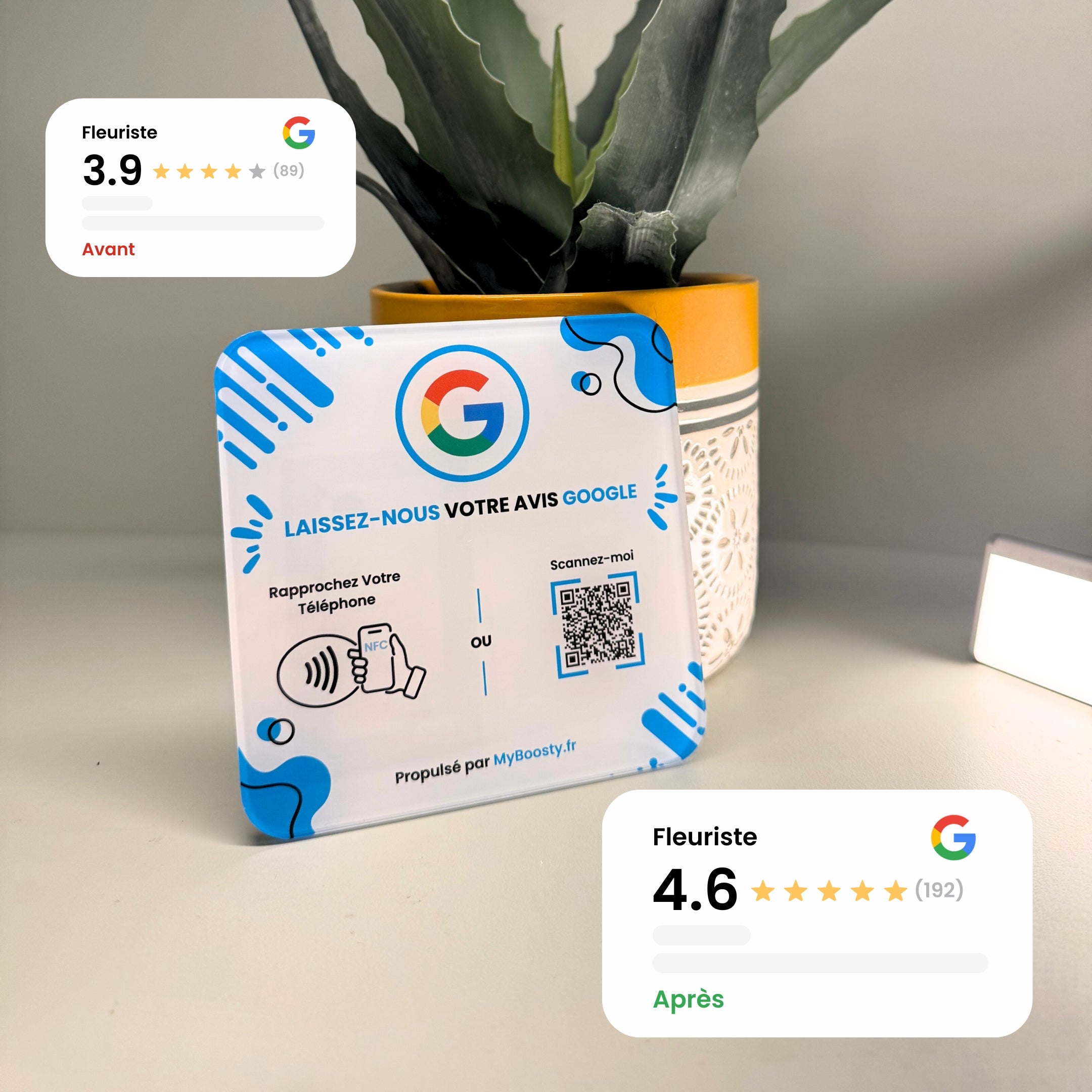 Plaque Boosty pour commerçants, posée sur un comptoir, facilitant la collecte d’avis Google