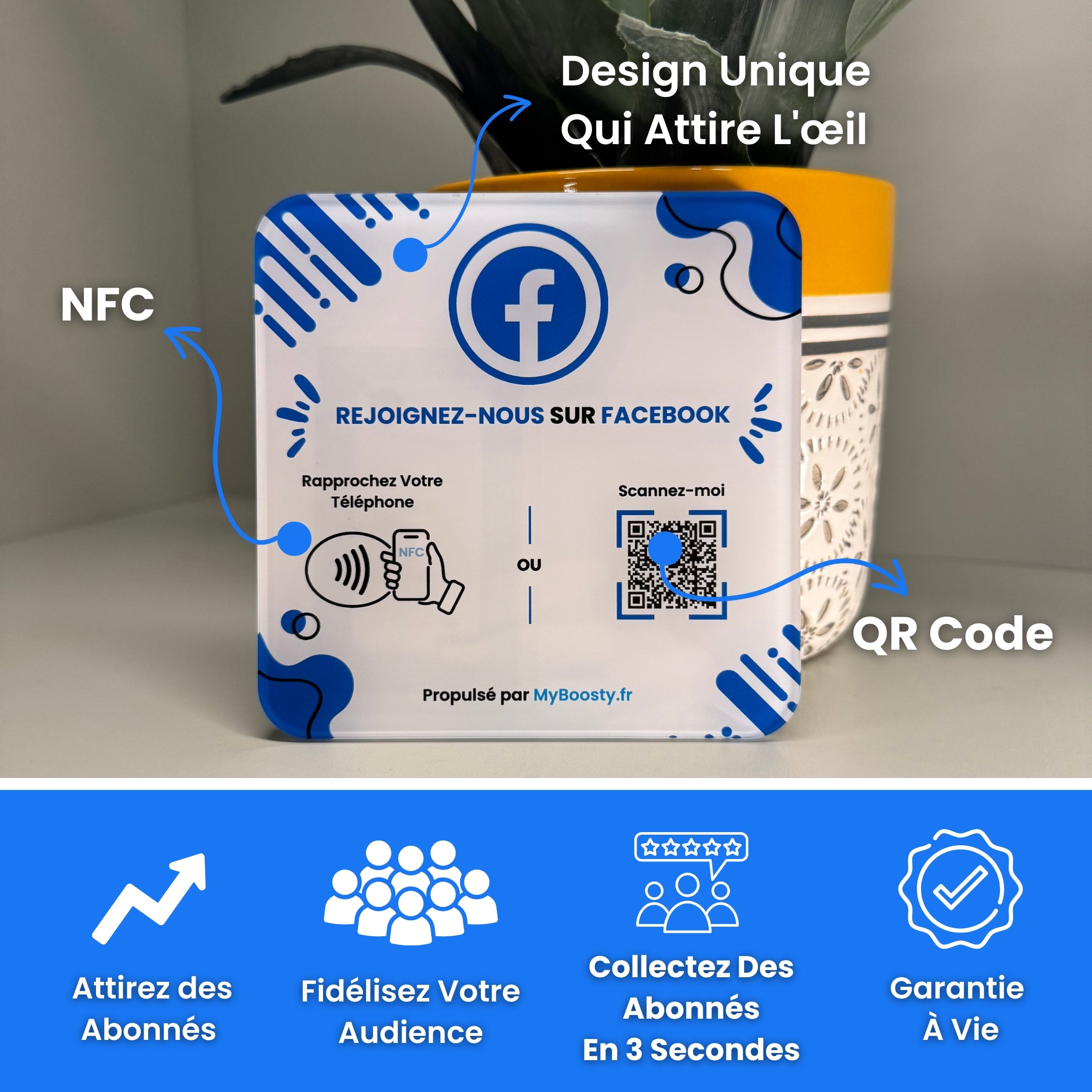 Plaque Boosty pour commerçants, posée sur un comptoir, facilitant la collecte d’avis Google