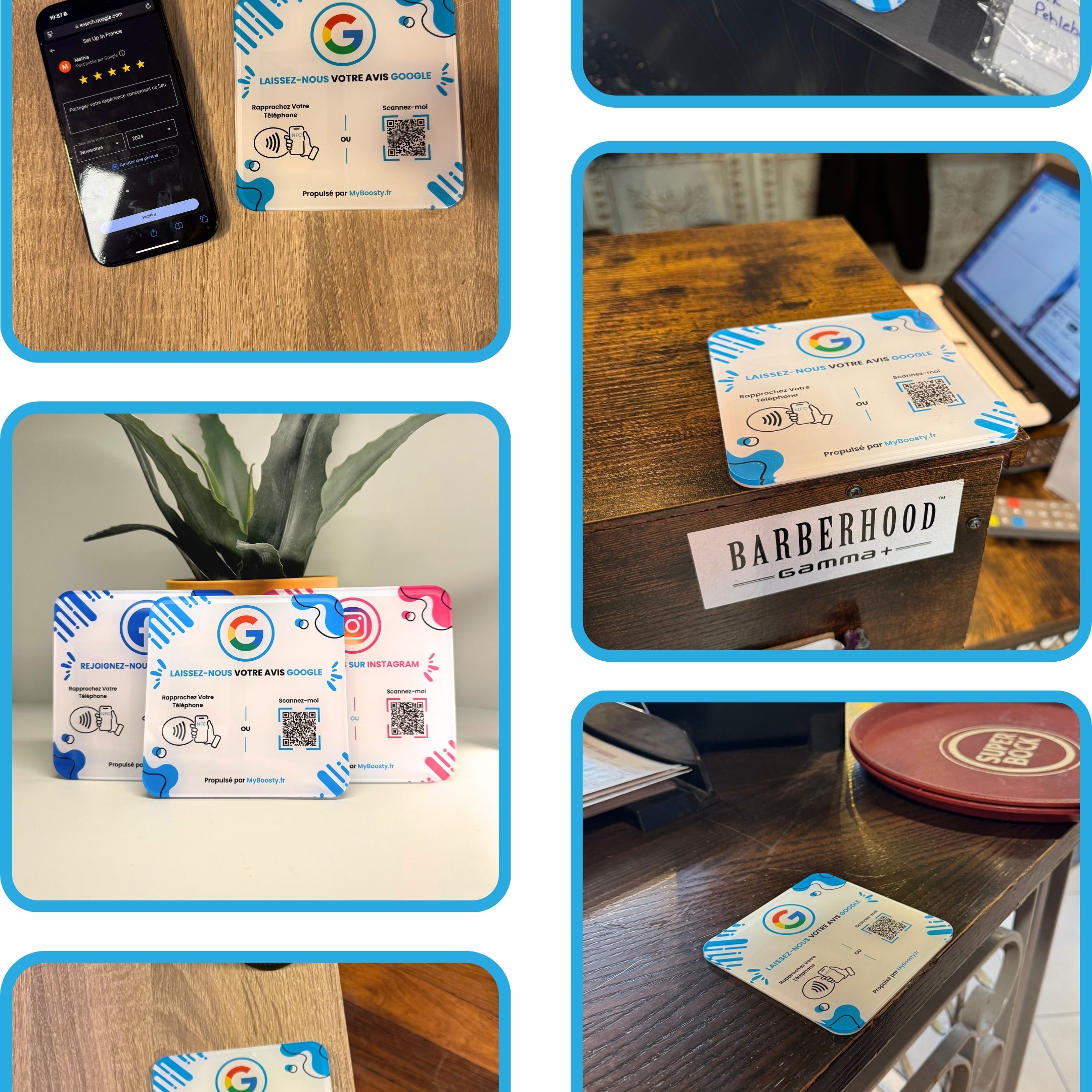 Plaque Boosty pour commerçants, posée sur un comptoir, facilitant la collecte d’avis Google